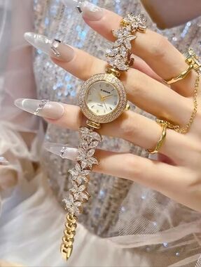 Women’s Gold Crystal Bracelet Watch with White Dial